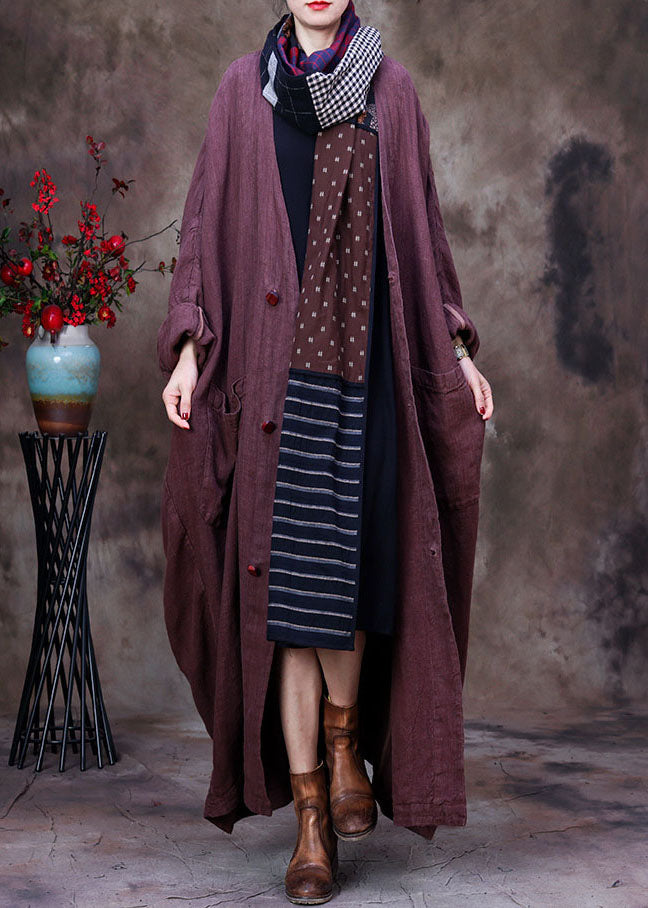 Coffee Solid Linen Trench Coat V Neck Handmade Floral Long Sleeve