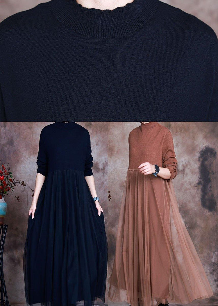 Coffee Stand Collar Knit Dress Asymmetrical Spring - Omychic
