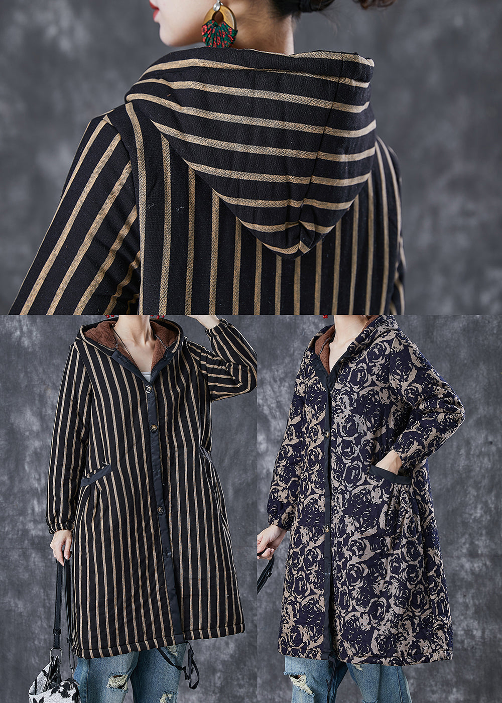 Coffee Striped Warm Fleece Coats Hooded Winter