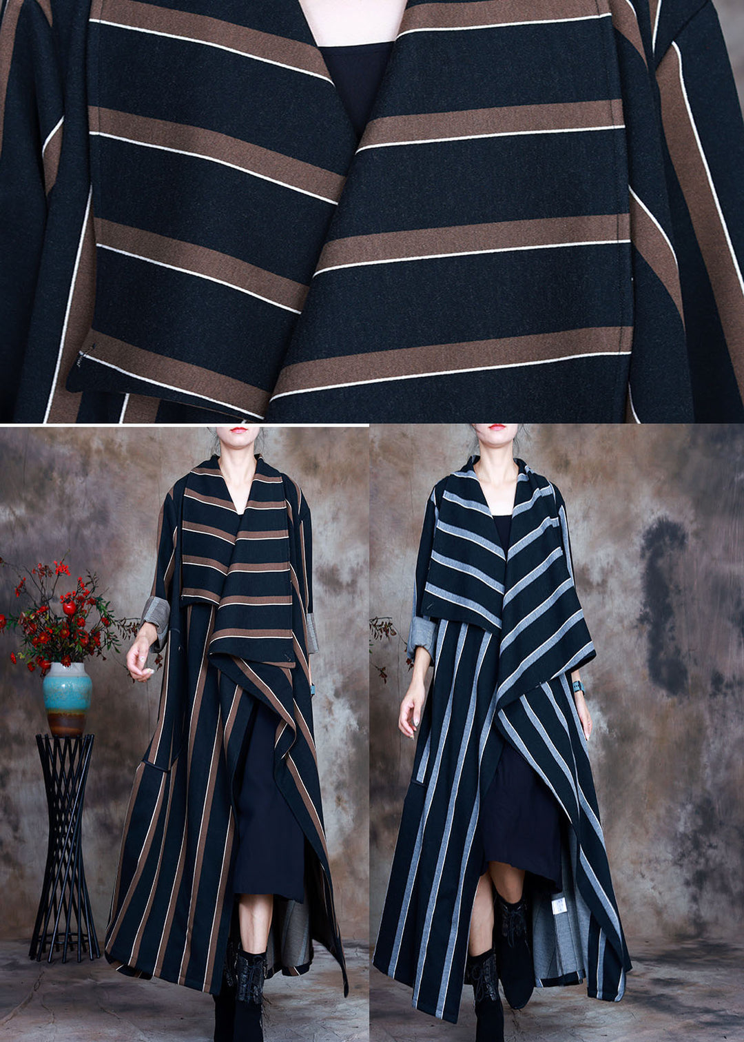 Coffee Striped Woolen trench coats pockets Spring