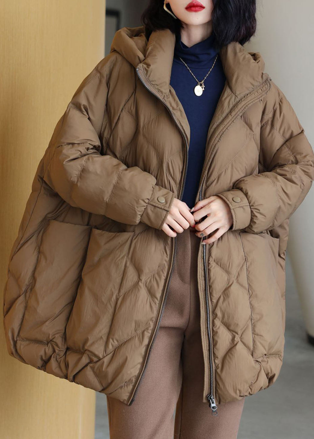 Coffee Thick Duck Down Puffer Jacket Hooded Pockets Winter