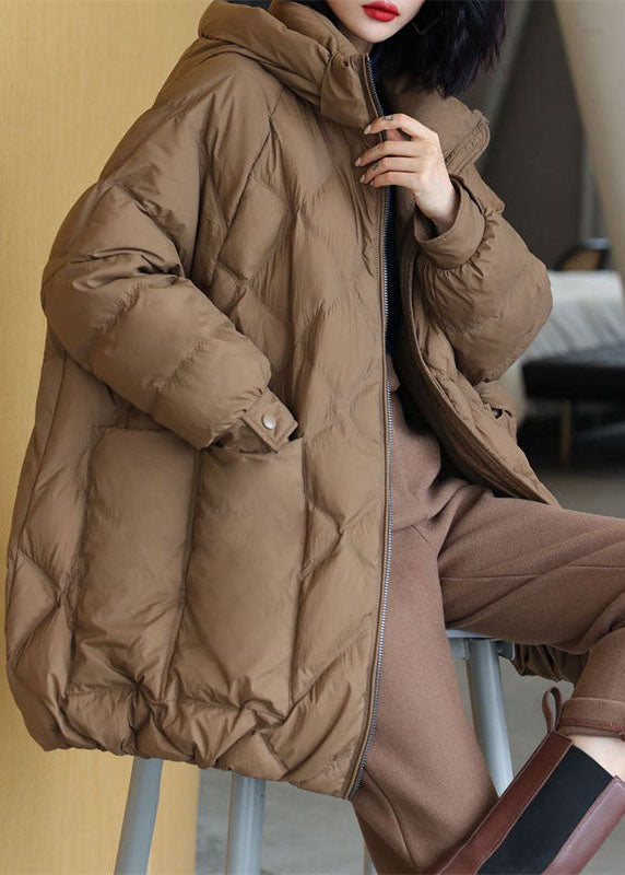 Coffee Thick Duck Down Puffer Jacket Hooded Pockets Winter