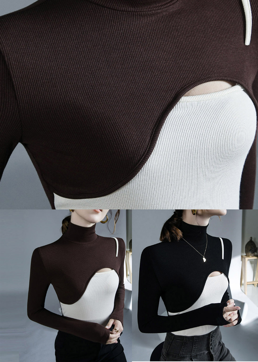 Coffee Turtleneck Asymmetrical Top Long Sleeve