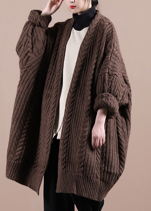 Coffee V Neck Cable Knit Sweaters Coats Winter