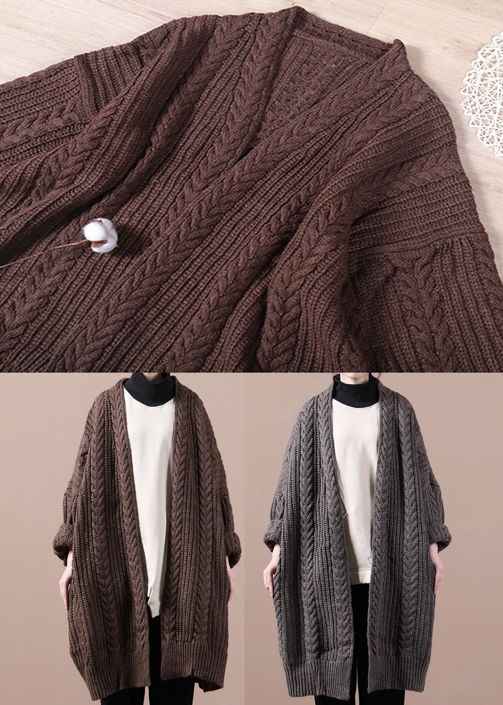 Coffee V Neck Cable Knit Sweaters Coats Winter