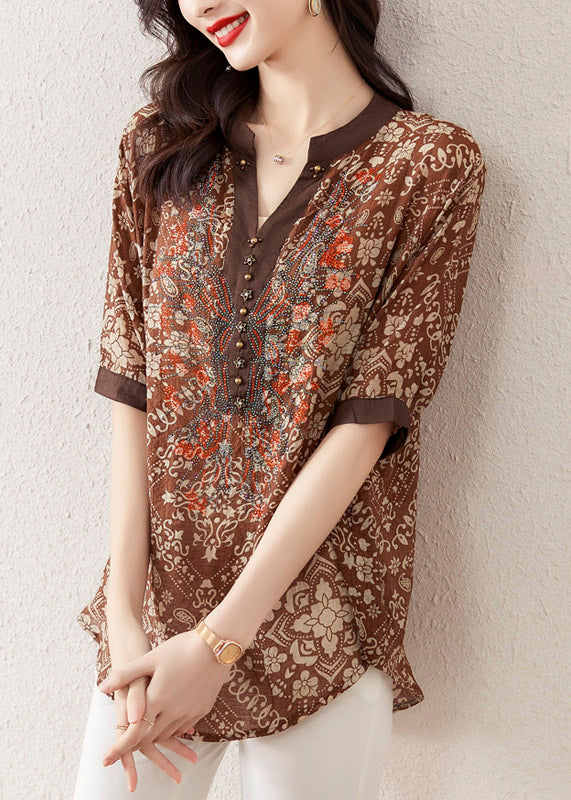 Coffee V Neck Print Rivet Chiffon Top Short Sleeve