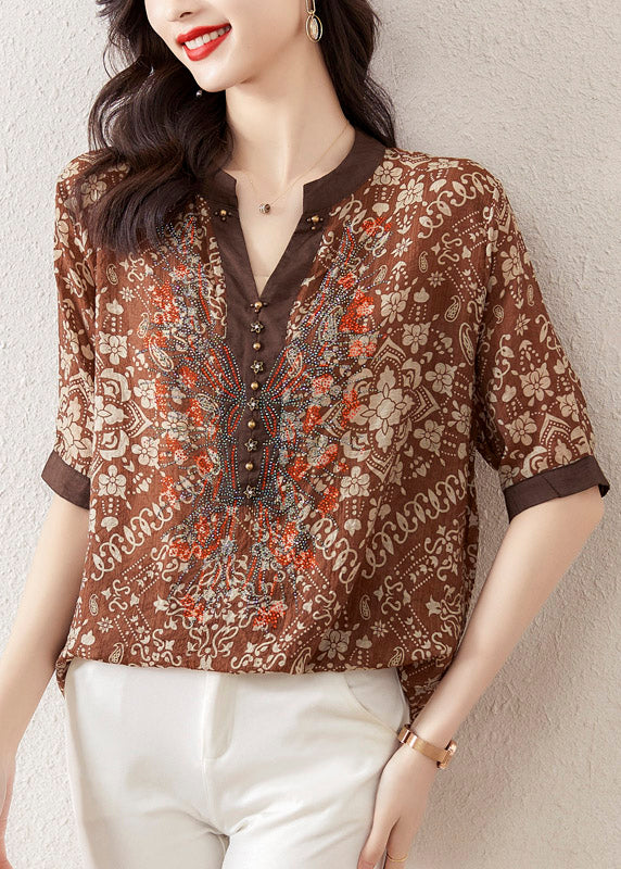 Coffee V Neck Print Rivet Chiffon Top Short Sleeve