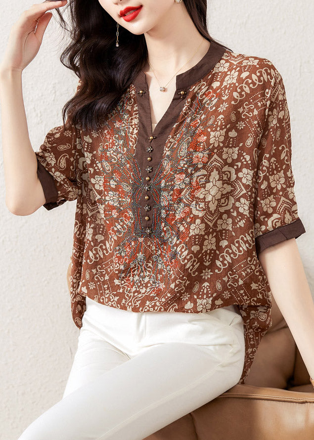 Coffee V Neck Print Rivet Chiffon Top Short Sleeve