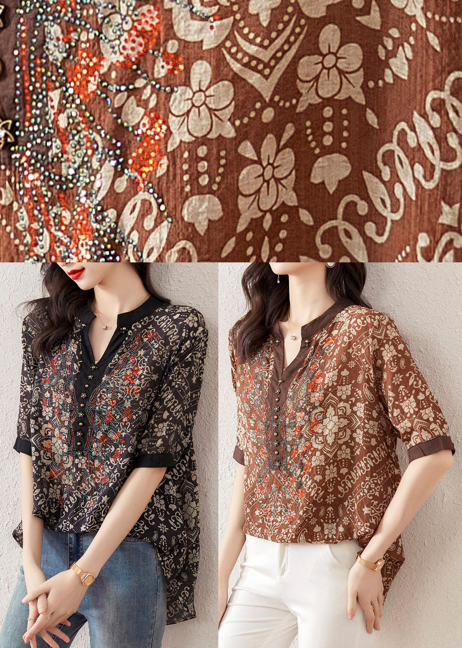 Coffee V Neck Print Rivet Chiffon Top Short Sleeve