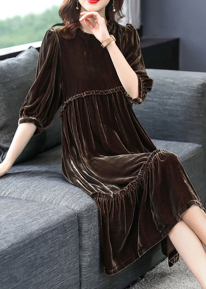 Coffee Velour Vacation Dresses Ruffled Half Sleeve