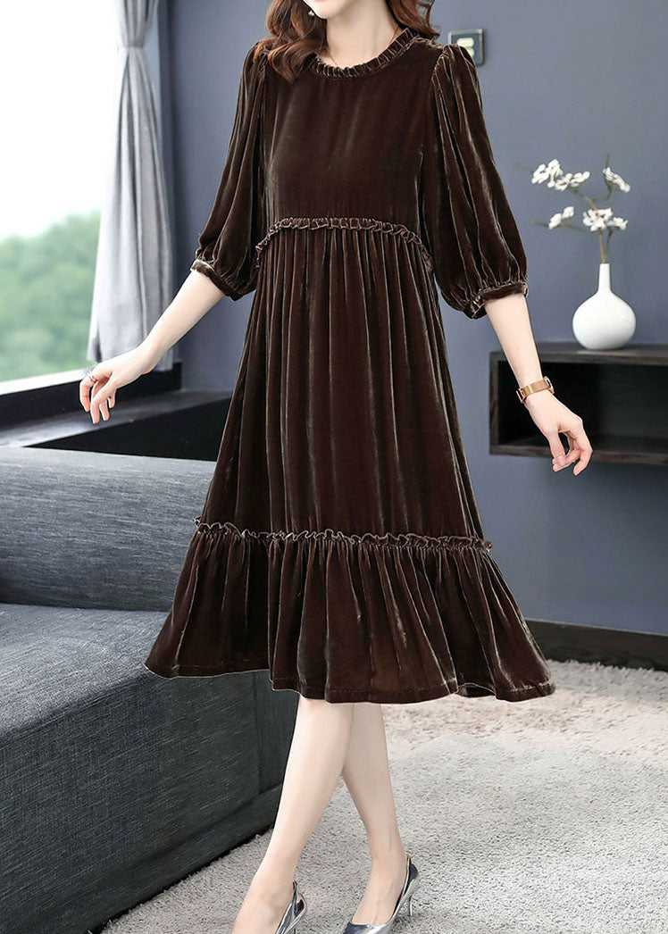 Coffee Velour Vacation Dresses Ruffled Half Sleeve