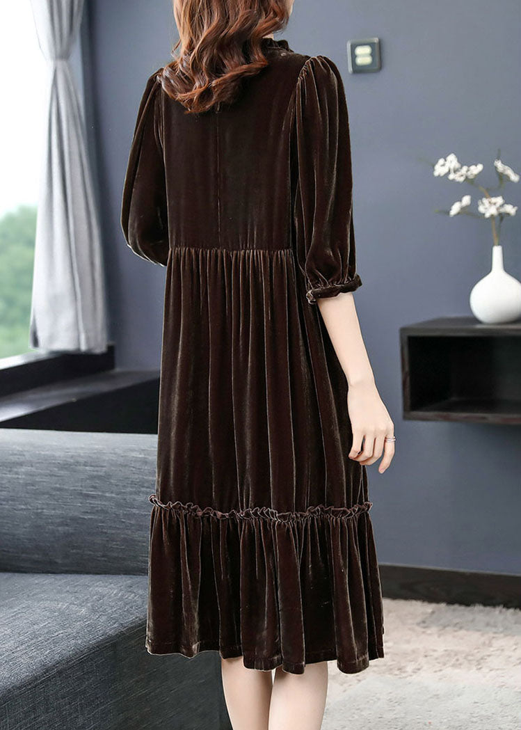 Coffee Velour Vacation Dresses Ruffled Half Sleeve