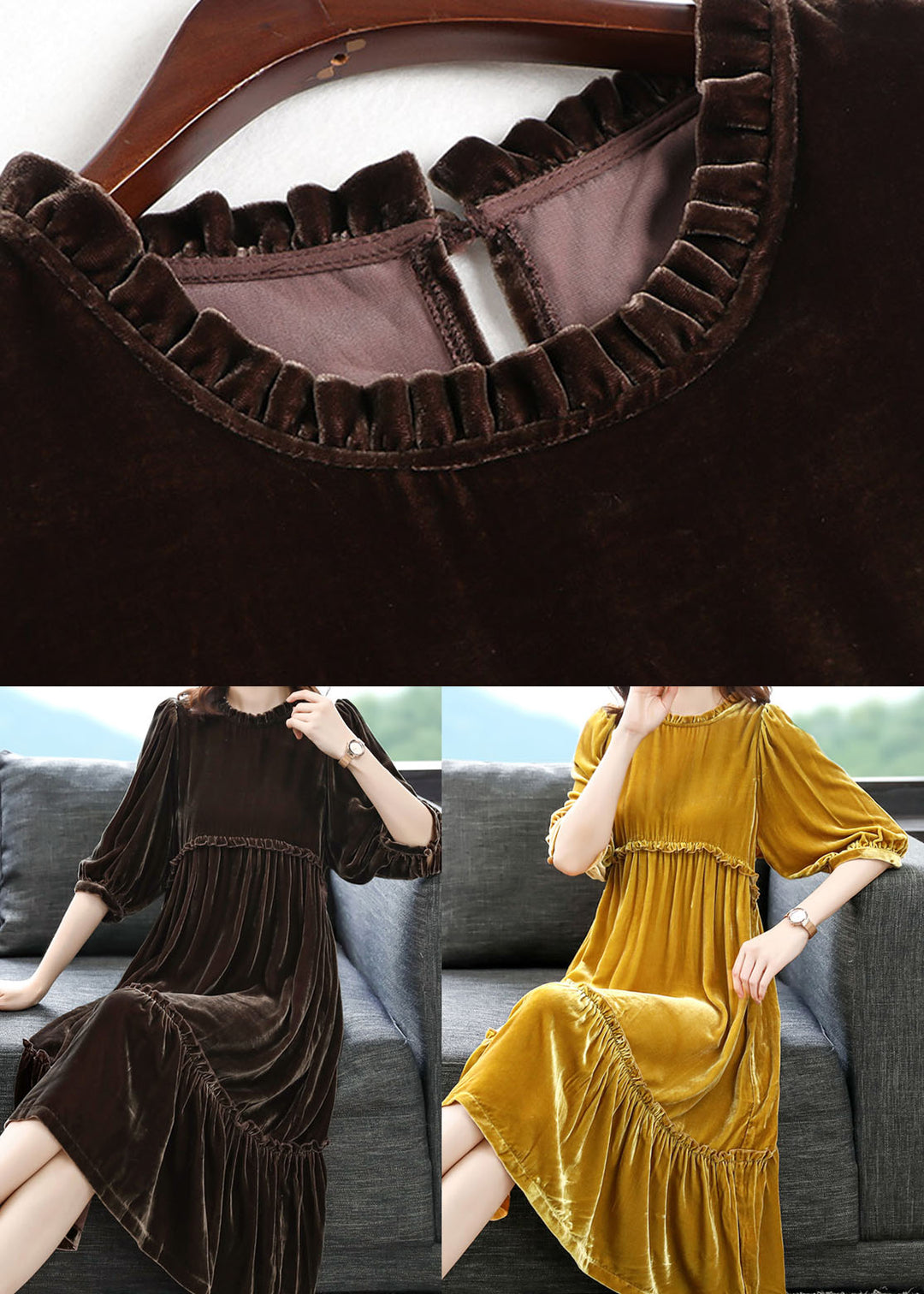 Coffee Velour Vacation Dresses Ruffled Half Sleeve