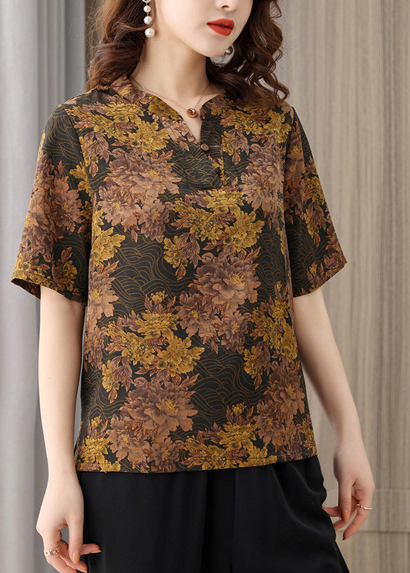 Coffee Vintage Print Silk Blouse Top For Women O-Neck Button Short Sleeve