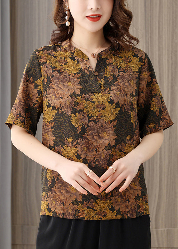 Coffee Vintage Print Silk Blouse Top For Women O-Neck Button Short Sleeve