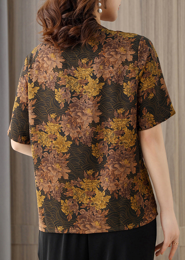 Coffee Vintage Print Silk Blouse Top For Women O-Neck Button Short Sleeve