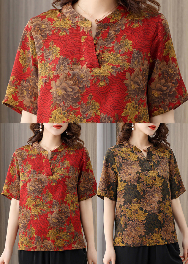 Coffee Vintage Print Silk Blouse Top For Women O-Neck Button Short Sleeve