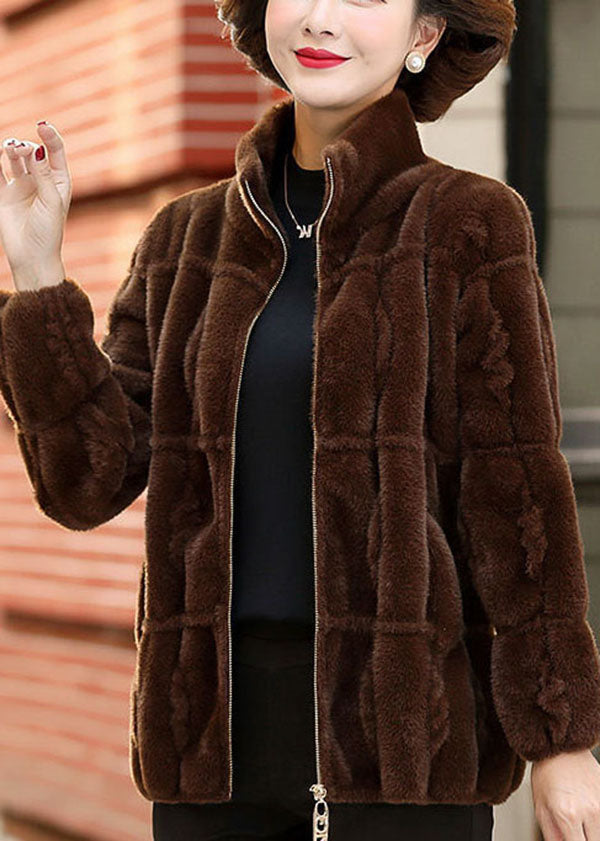 Coffee Warm Mink Hair Knitted Jackets Zip Up Pockets Winter