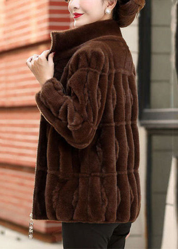 Coffee Warm Mink Hair Knitted Jackets Zip Up Pockets Winter