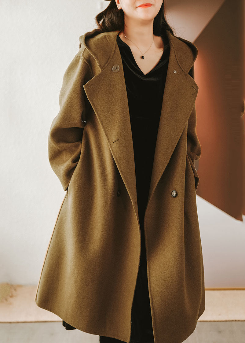 Coffee Woolen Coat Outwear Hooded Double Breast Winter