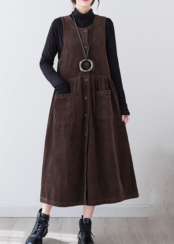 Coffee Wrinkled Button Corduroy Long Dresses Sleeveless