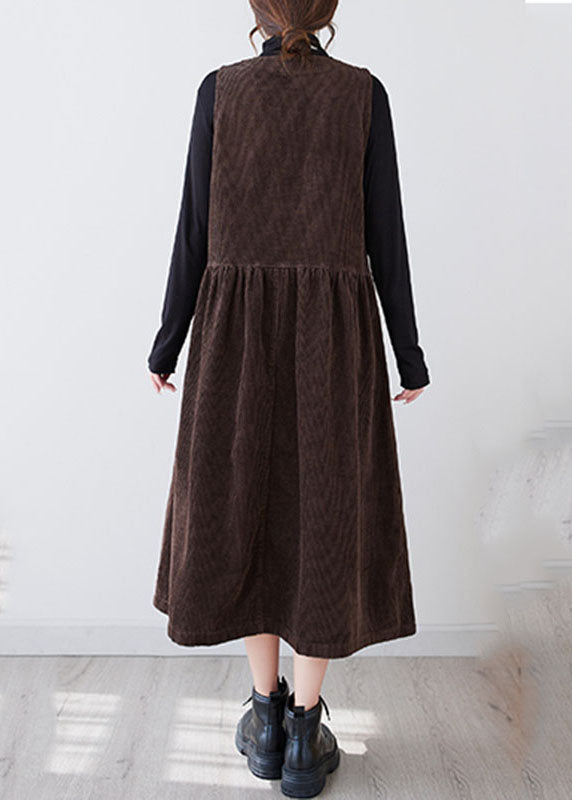 Coffee Wrinkled Button Corduroy Long Dresses Sleeveless