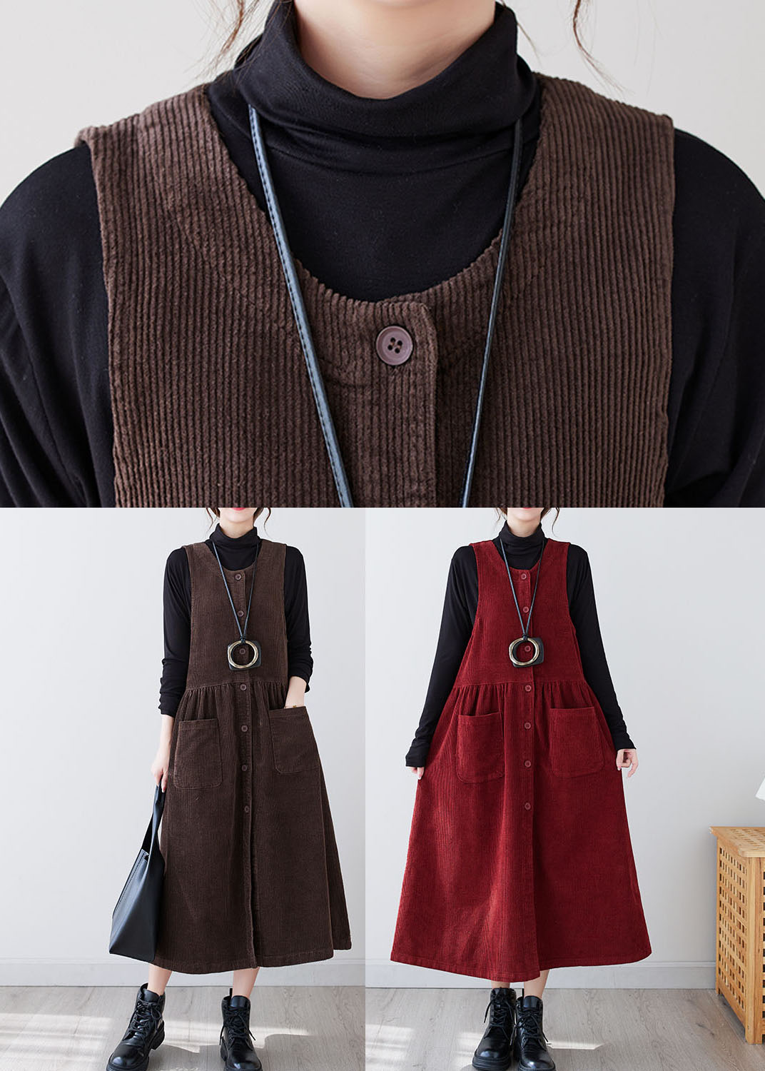 Coffee Wrinkled Button Corduroy Long Dresses Sleeveless