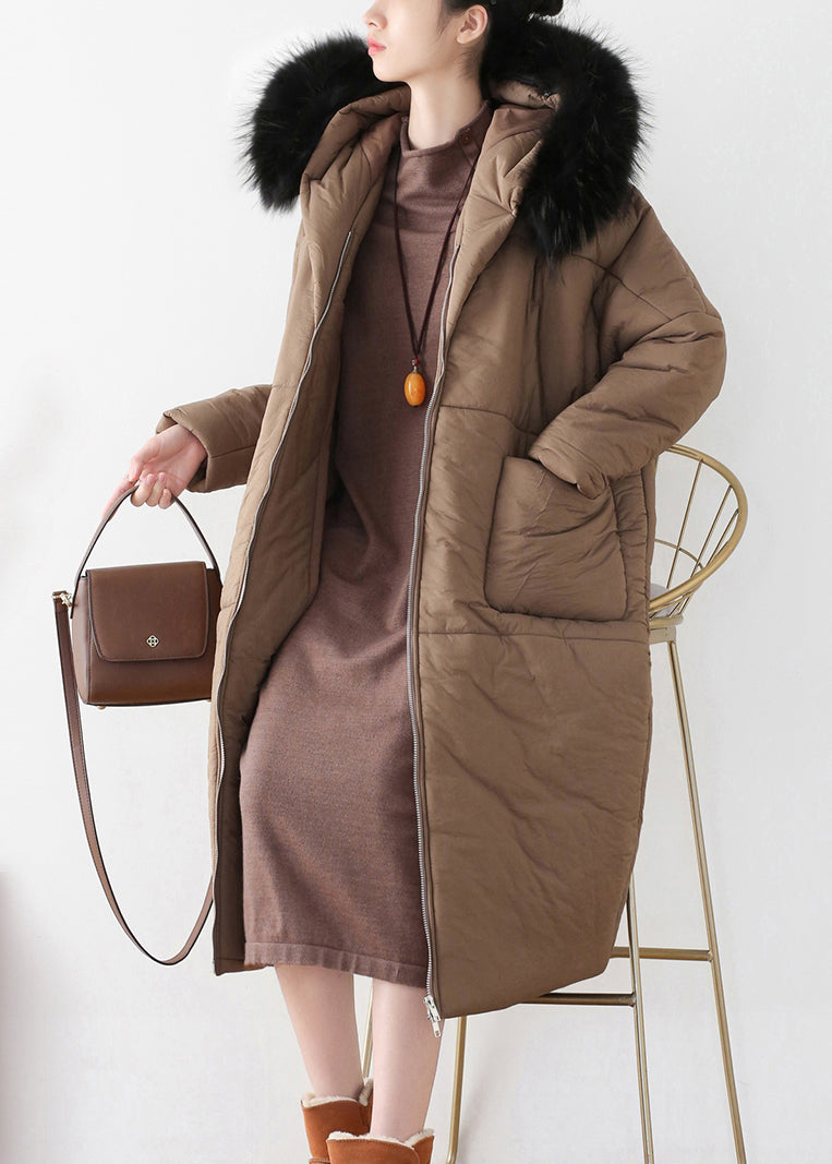Coffee Zippered Thick Hooded Maxi Parka Winter
