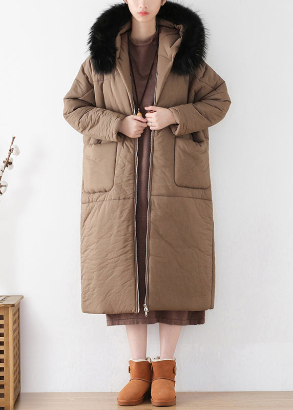 Coffee Zippered Thick Hooded Maxi Parka Winter