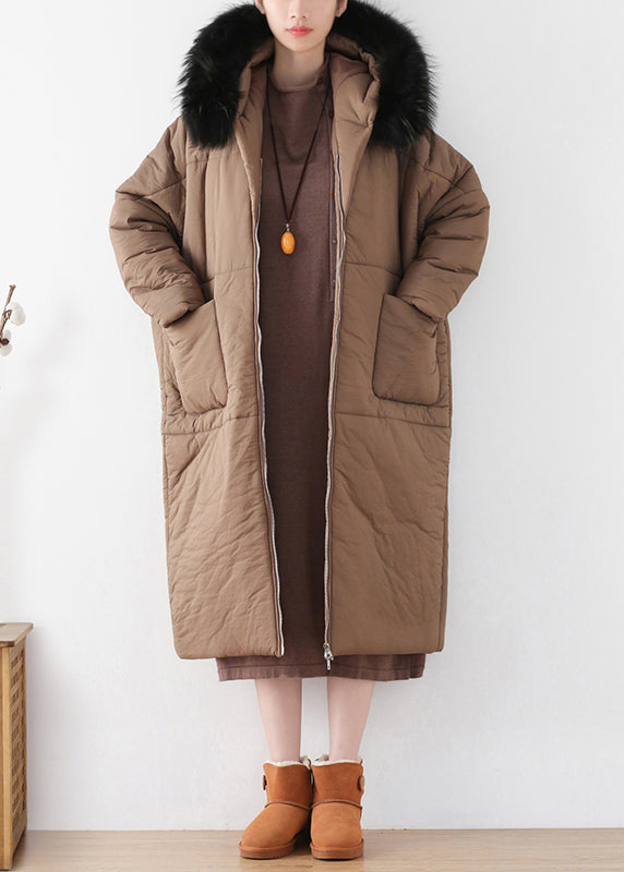 Coffee Zippered Thick Hooded Maxi Parka Winter