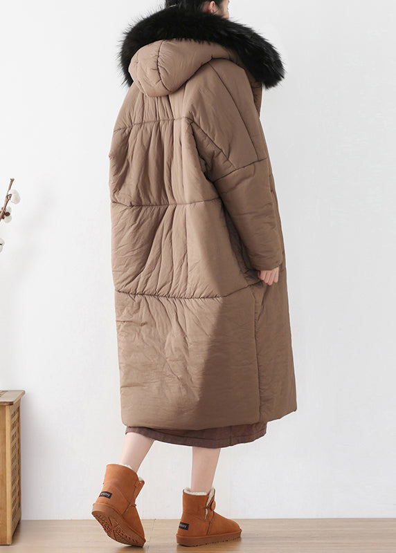 Coffee Zippered Thick Hooded Maxi Parka Winter