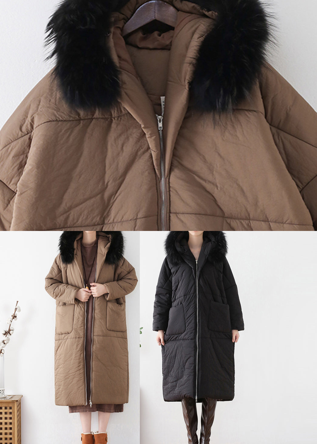 Coffee Zippered Thick Hooded Maxi Parka Winter