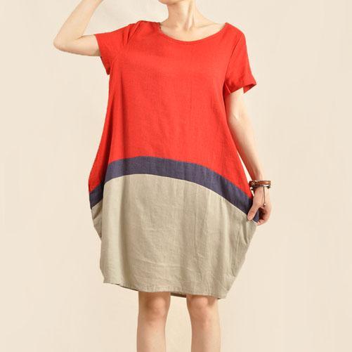 Color patchwork cotton oversize sundress linen shift dress - Omychic