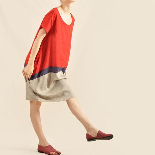 Color patchwork cotton oversize sundress linen shift dress - Omychic