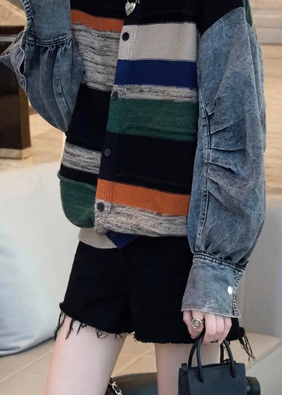 Colorblock Denim Patchwork Knitted Sweater Coat Women Autumn And Winter 2023