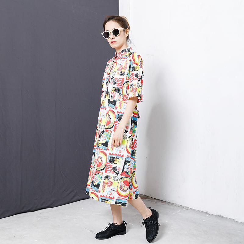 Colorful Graffiti Lacing Split Hem Loose Dress - Omychic