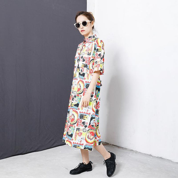 Colorful Graffiti Lacing Split Hem Loose Dress - Omychic