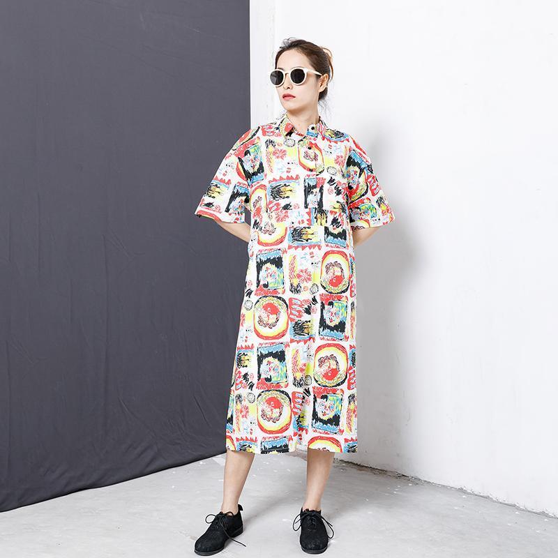 Colorful Graffiti Lacing Split Hem Loose Dress - Omychic