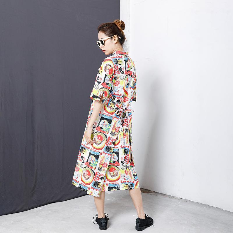 Colorful Graffiti Lacing Split Hem Loose Dress - Omychic