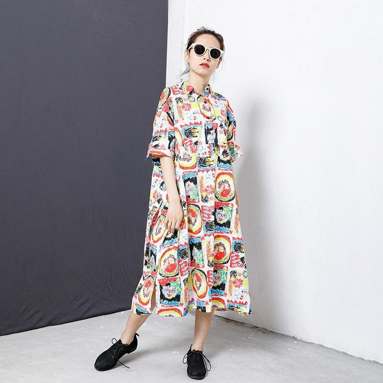 Colorful Graffiti Lacing Split Hem Loose Dress - Omychic