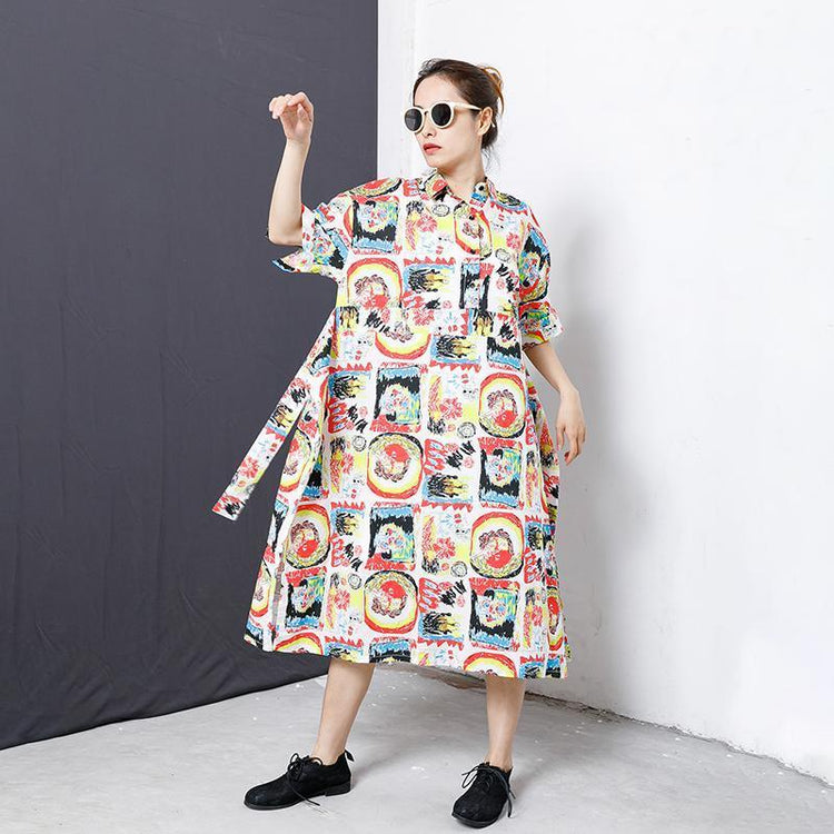 Colorful Graffiti Lacing Split Hem Loose Dress - Omychic