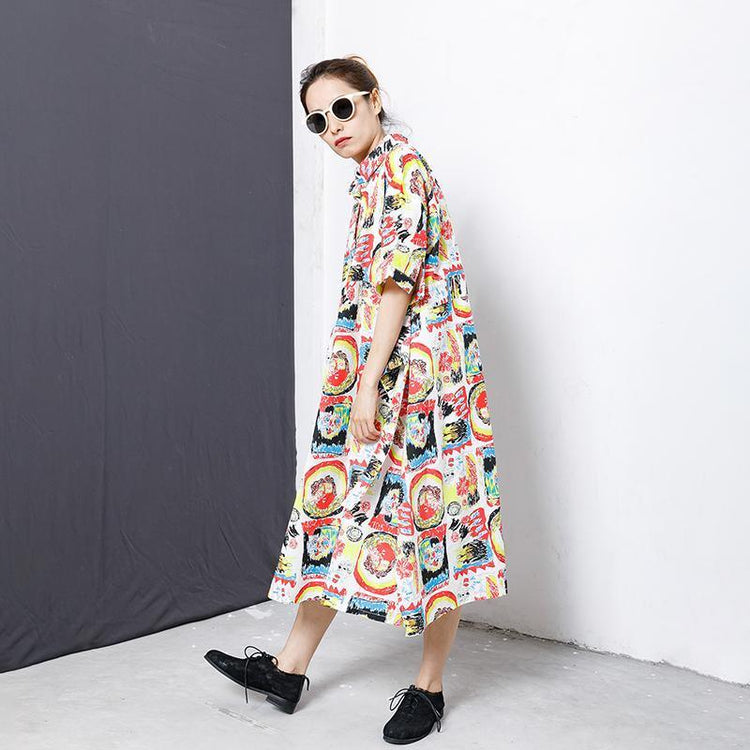 Colorful Graffiti Lacing Split Hem Loose Dress - Omychic