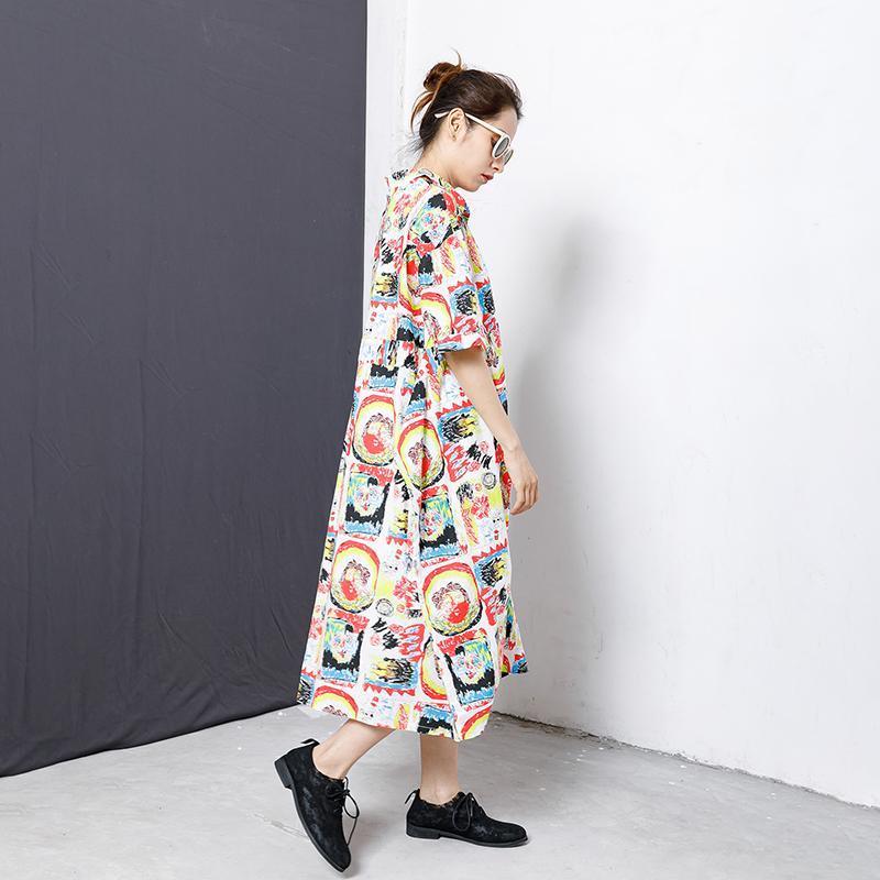 Colorful Graffiti Lacing Split Hem Loose Dress - Omychic