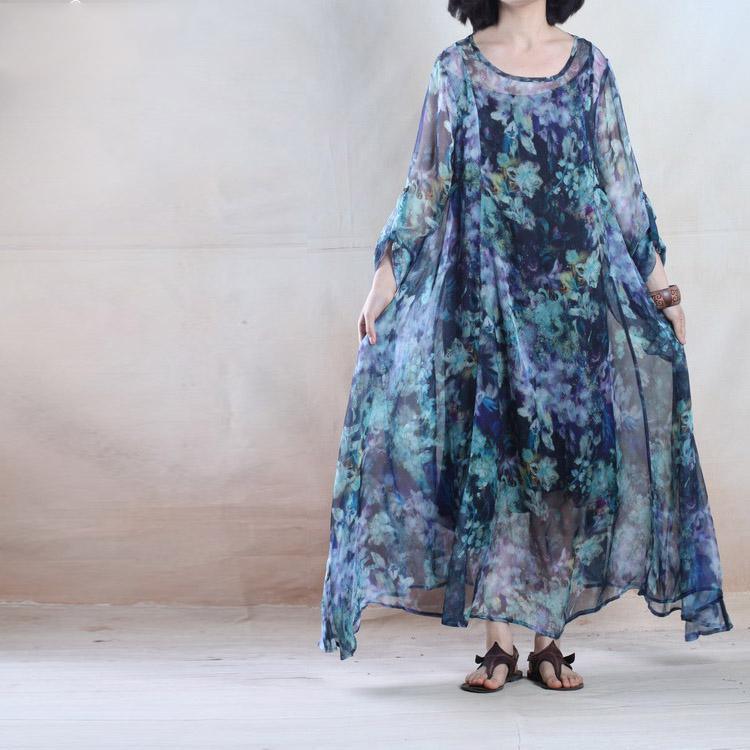 Colorful world blue chiffon maxi dress floral sundress holiday dresses - Omychic