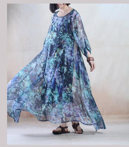 Colorful world blue chiffon maxi dress floral sundress holiday dresses - Omychic