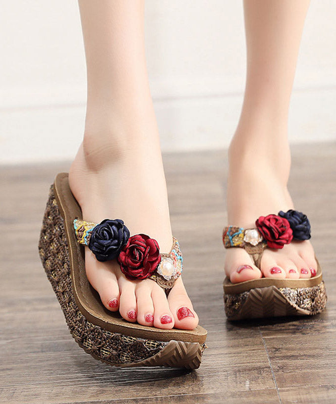 Comfortable Brown Wedge Knit Fabric Flower Platform Thong Sandals