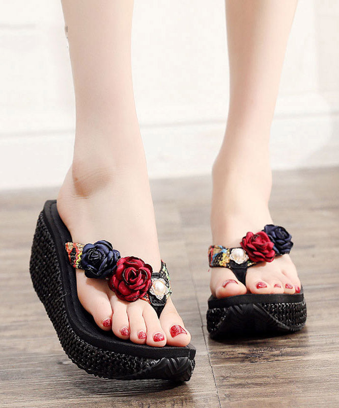 Comfortable Brown Wedge Knit Fabric Flower Platform Thong Sandals