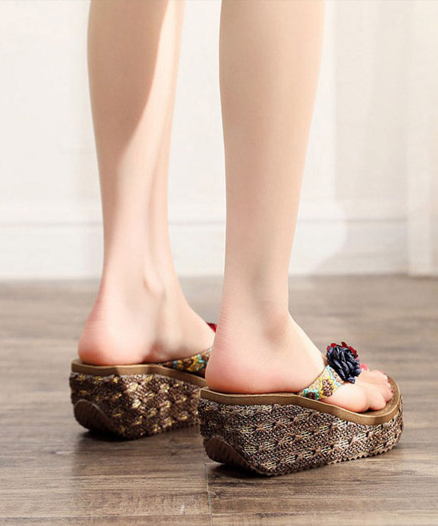 Comfortable Brown Wedge Knit Fabric Flower Platform Thong Sandals