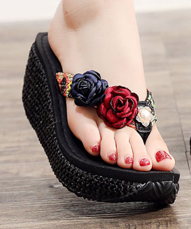 Comfortable Brown Wedge Knit Fabric Flower Platform Thong Sandals