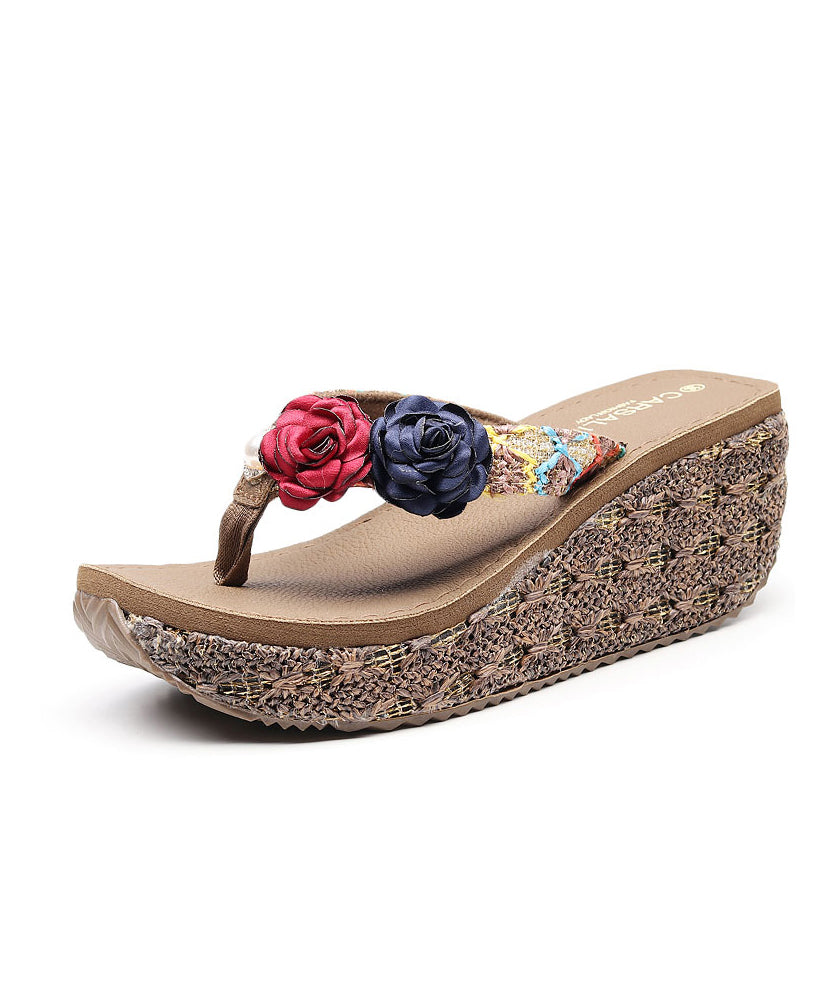 Comfortable Brown Wedge Knit Fabric Flower Platform Thong Sandals